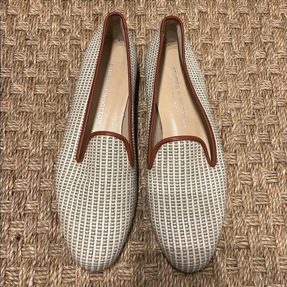 NEW Stubbs & Wootton Woven Cream and Tan flats/loafers - Picture 2 of 9